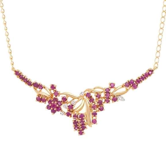 18 K Gold Plate Natural Ruby and Natural Diamond Necklace