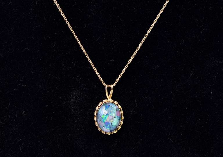 Wonderful Mosaic Opal Pendant Necklace in 14K Yellow Gold