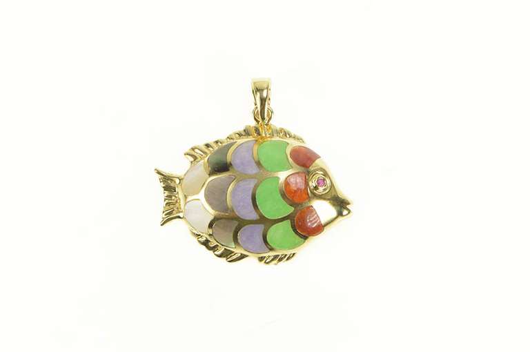 14K Yellow Gold Carnelian Jade Mother of Pearl Fish Scale Pendant