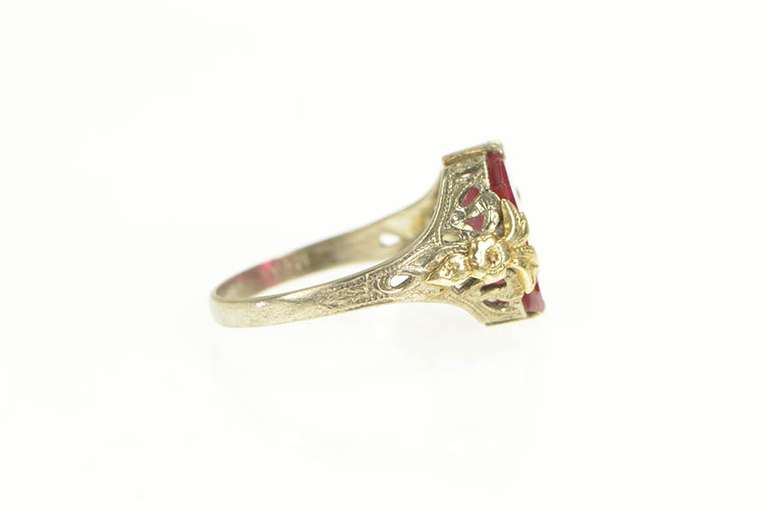 10K Yellow Gold Art Deco Filigree Syn. Ruby Statement Ring