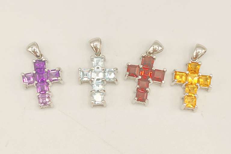 Group Lot of 4x 14kt Solid White Gold & Gemstone Cross Pendants!