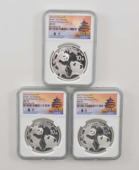 (3) MS70 2021(G), (S), (Y) China 10 Yuan 30g .999 Silver Panda Signed NGC COA