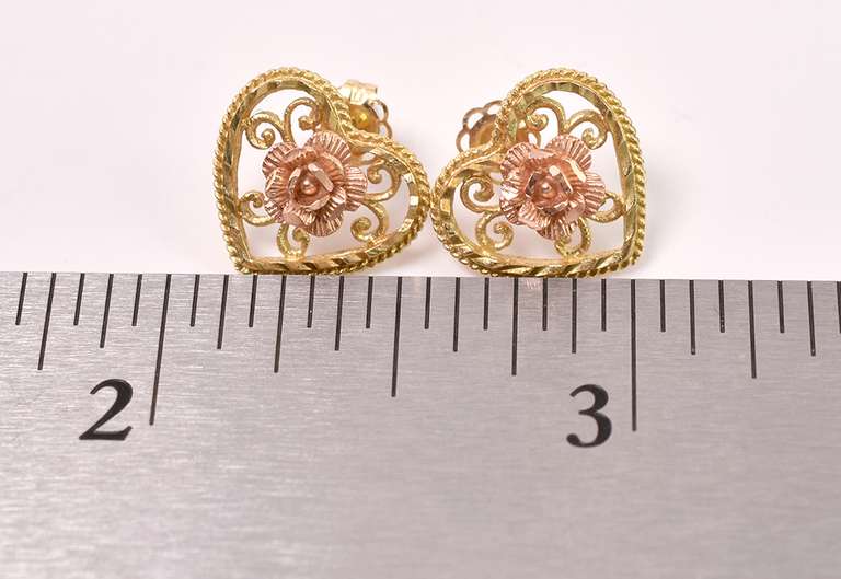 Fancy Rose Heart Earrings in 14k Two-Tone Gold
