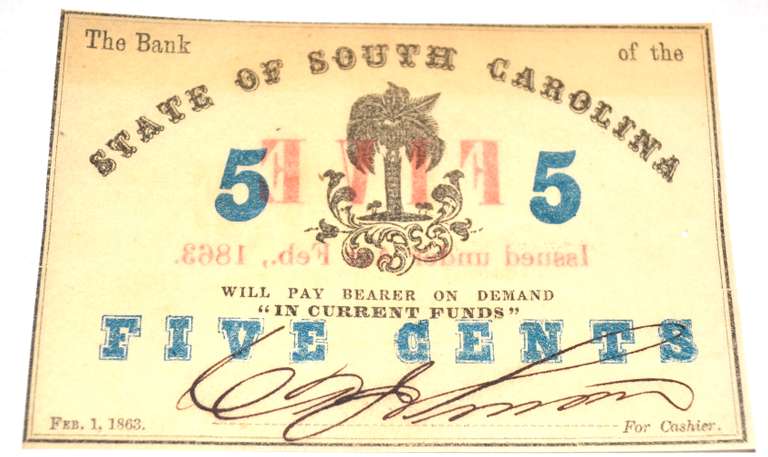W T &Co Watermarked 5 Cent South Carolina Feb 1 1863 Note