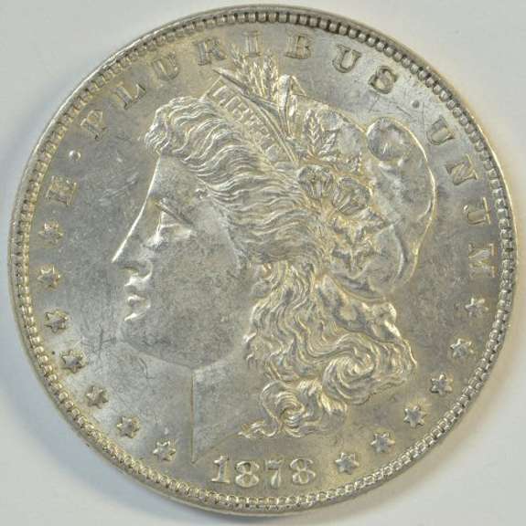 Frosty-white BU 1878-P 7TF Morgan Silver Dollar.