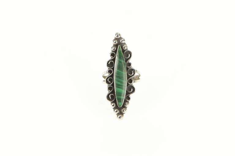 Sterling Silver Southwestern Malachite Marquise Swirl Ring