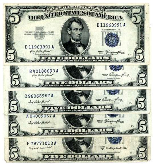 6 1953 Blue Seal $5 Silver Certificates