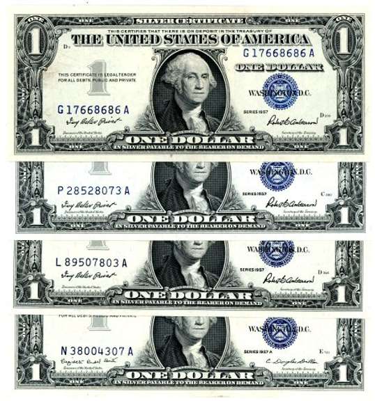 4 Crisp $1 Silver Certificates from 1957