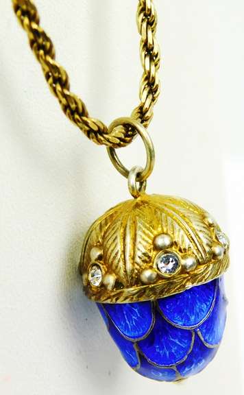 Exquisite Vintage Sterling Enamel Acorn Pendant & Chain