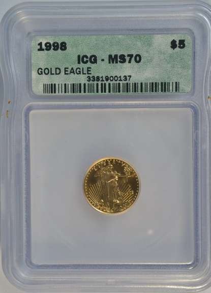 Flawless Gem BU 1998 $5 American Gold Eagle. ICG MS70