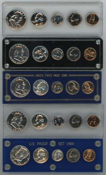 5 Diff. US Silver Proof Sets in custom holders 1959-1964