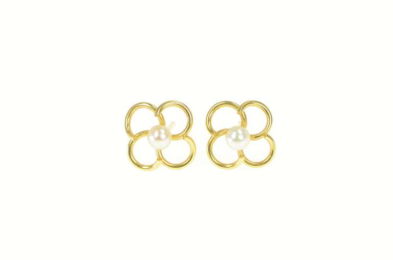 10K Yellow Gold Pearl Ornate Clover Flower Vintage Stud Earrings