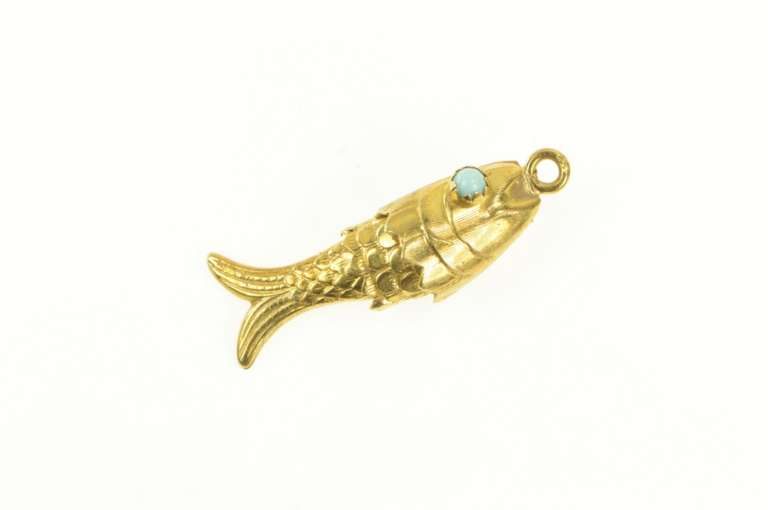 14K Yellow Gold 1940s Turquoise Eyed Articulated Fish 3D Charm/Pendant