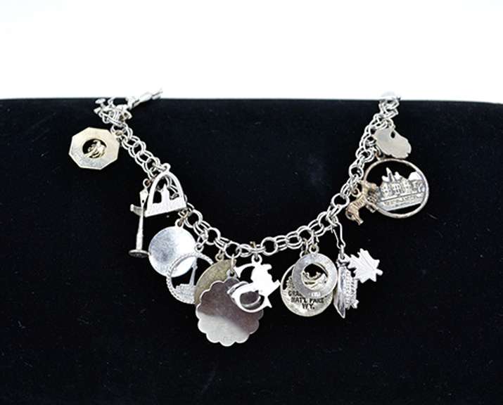 Vintage Sterling Chain Bracelet With 16 Different Theme Charms, Mostly Souvenirs