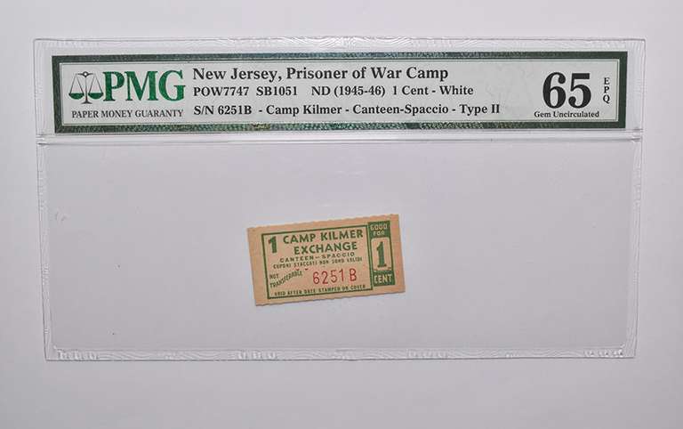 PMG 65 EPQ 1 Cent ND (1945-46) NJ POW Camp POW#7747 SB1051 Camp Kilmer