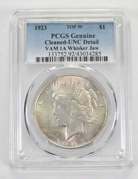 UNC Detail Genuine 1923 Peace Silver $1 VAM 1A Whisker Jaw Top 50 PCGS