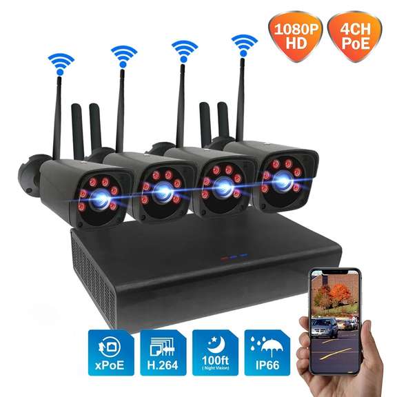 4CH 2.0MP 1080P Wireless Black Surveillance Camera