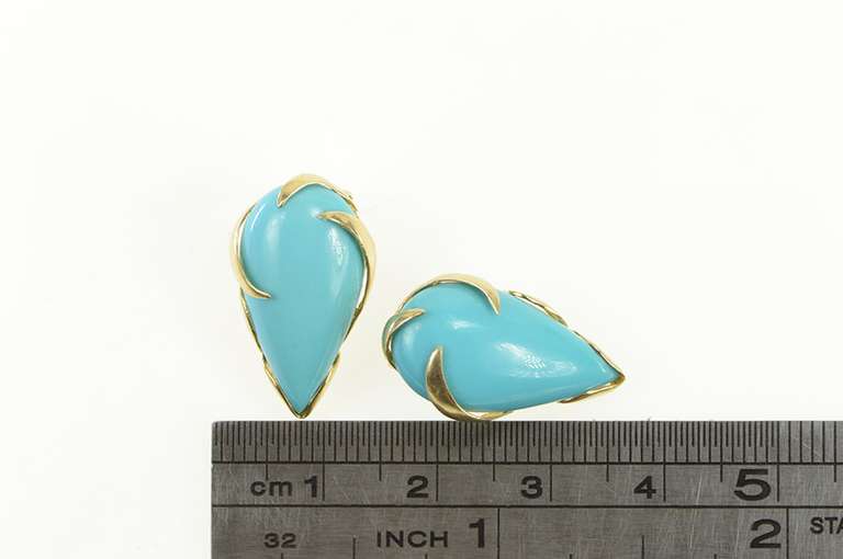14K Yellow Gold Ornate Pear Turquoise Cabochon Clip Back Earrings