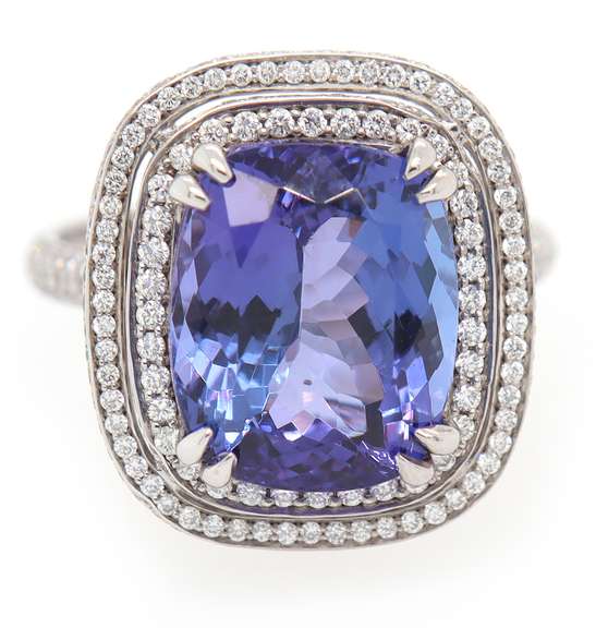 Magnificent White Gold Tanzanite in Double Halo Diamond Ring