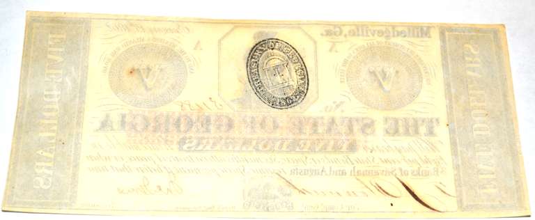 $5 Uncirculated Jan 15 th 1862 State of Georgia Note