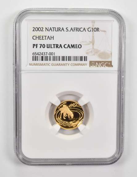 PF70 UCAM 2002 South Africa Gold 10 Rand Natura - Cheetah - Graded NGC
