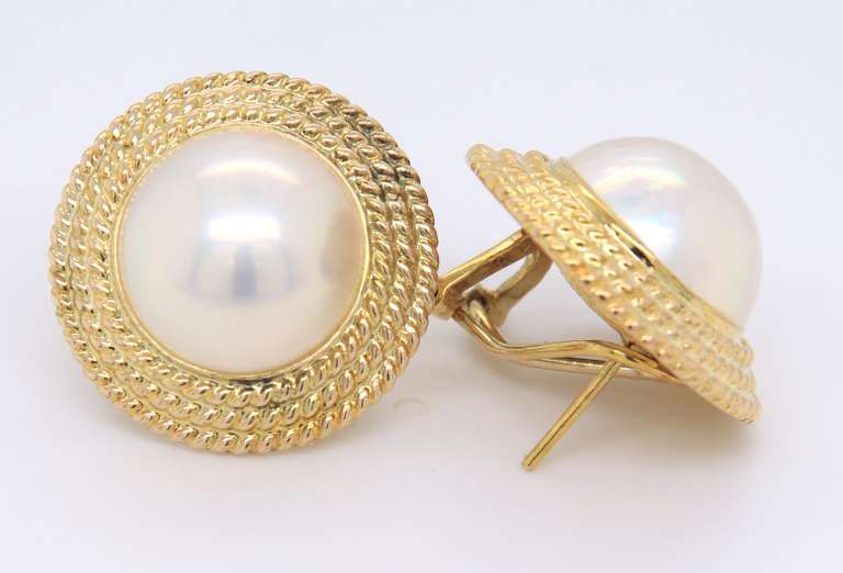 Powerful Yellow Gold 13.5mm Mabe Pearl Twisted Rope Earrings