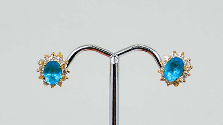 Vintage 14K Yellow Gold Stud Earrings With Oval Blue Topaz Stone and Diamond Accents
