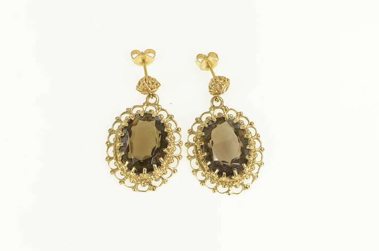 14K Yellow Gold Smoky Quartz Scalloped Filigree Halo Dangle Earrings