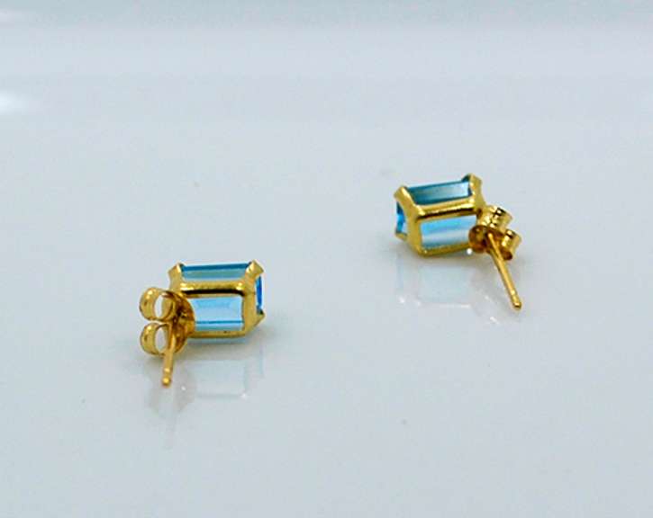 Small 14K Yellow Gold Stud Earrings With Blue Topaz Stone, Girls Jewelry