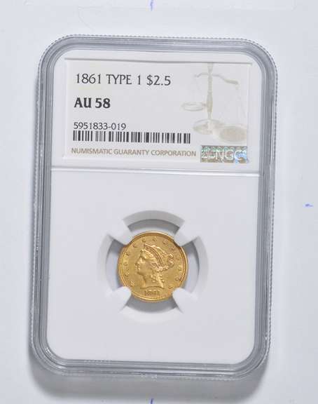 AU58 1861 $2.50 Liberty Head Gold Quarter Eagle - Type 1 - Graded NGC