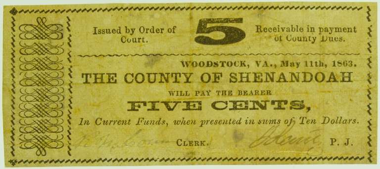 1863 The County of Shenandoah Woodstock, VA May 11th, Five Cents