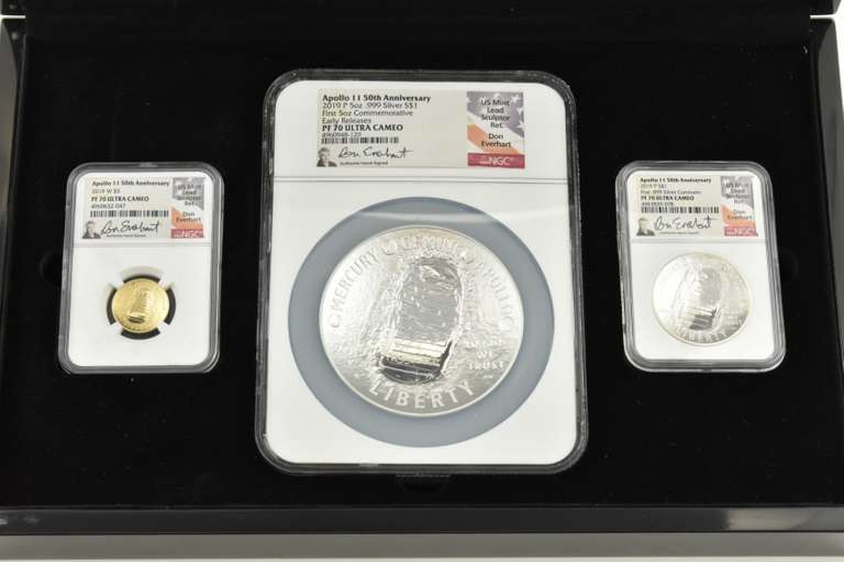 PF70 2019 Apollo 11 $1 $5 Gold Silver 5 Oz Commem. Set Everhart NGC