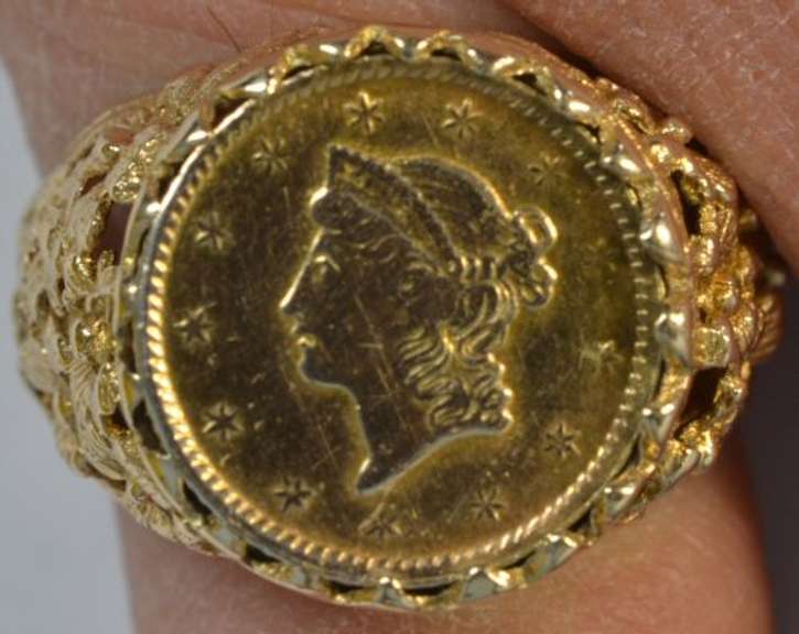 1853 Type One $1 Gold Piece in fancy antique 10k gold ring