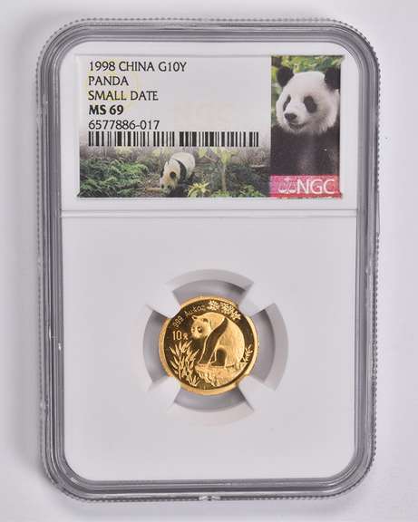 MS69 1998 China 10 Yuan 1/10 Oz. .999 Fine Gold Panda Small Date NGC
