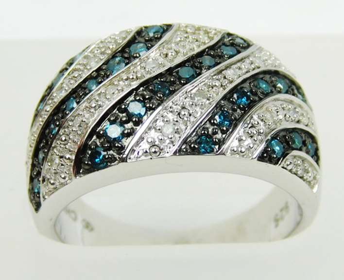 Wide Sterling Blue & White Diamonds Ring, Size 8