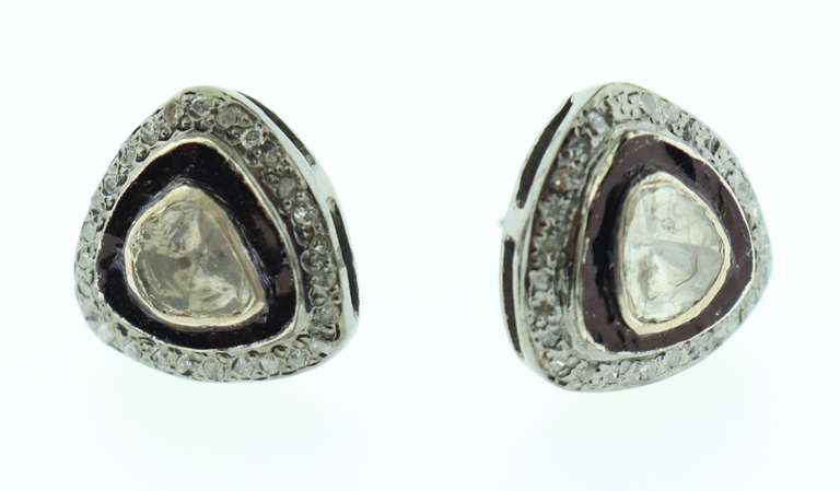 Angular Mine Cut Halo Diamond Earrings with Dark Silver and Diamond Accents