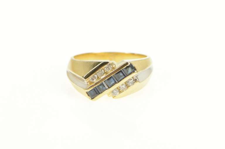 14K Yellow Gold 1.03 Ctw Sapphire Diamond Striped Squared Ring