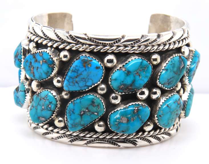 925 Sterling Silver Signed Leester Ortiz Turquoise Silver Cuff Bangle