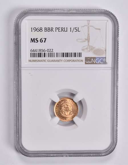 MS67 1968 BBR Peru 1/5 Lima Gold Coin NGC