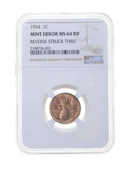 MS64 RD MINT ERROR 1934 Lincoln Wheat Cent - REV Struck Thru - Graded NGC
