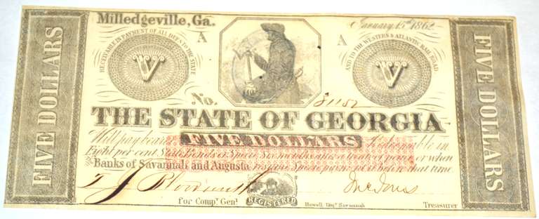 $5 Uncirculated Jan 15 th 1862 State of Georgia Note