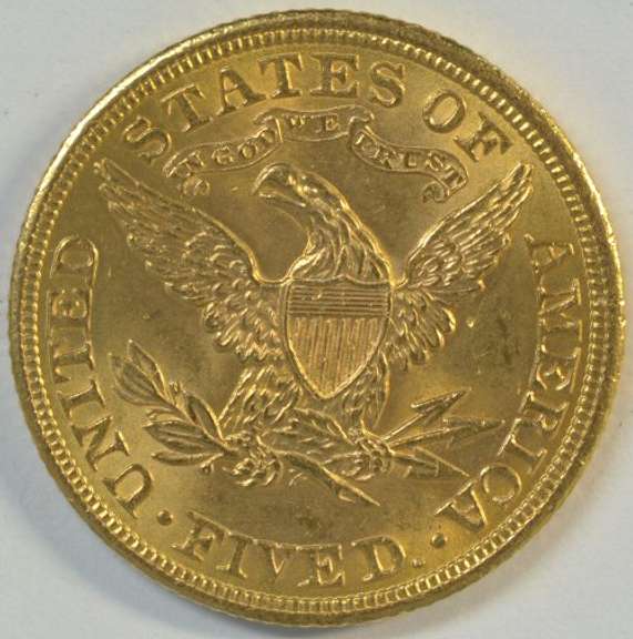 Vibrant BU 1908 US $5 Liberty Gold Piece. Full strike