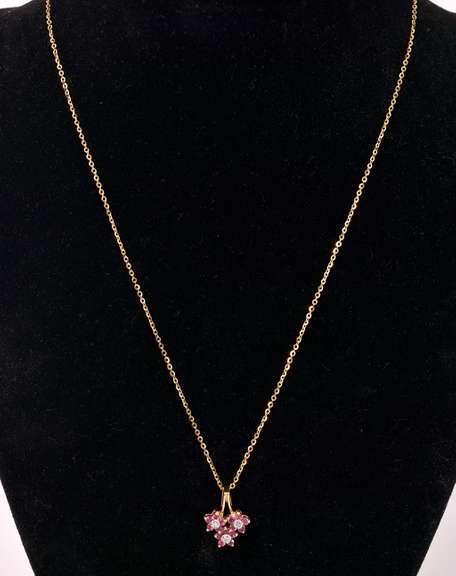 Sensational Ruby and Diamond Flower Pendant in 14K Yellow Gold