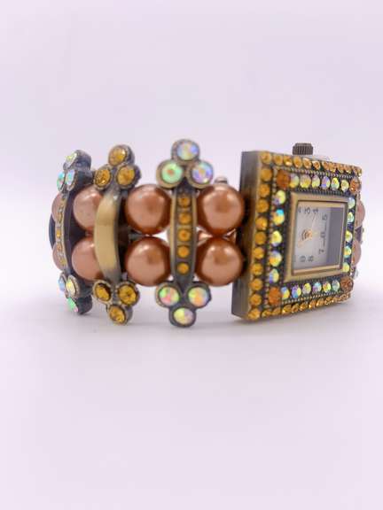 Gorgeous Pearl & Gemstone Geneva Watch Cuff Bracelet