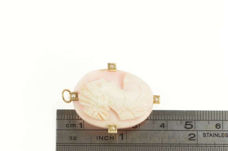 10K Yellow Gold Victorian Carved Shell Cameo Seed Pearl Pendant/Pin