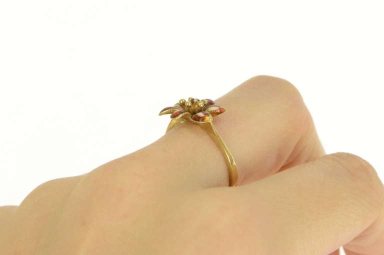 18K Yellow Gold Ruby Ornate Enamel Lily 3D Flower Blossom Ring