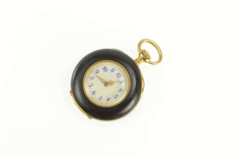 Black Enamel Fleur De Lis Rose Cut Diamond Pocket Watch