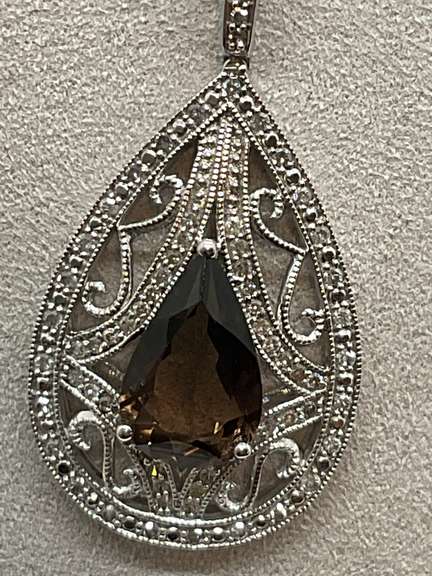 BRAND NEW 14K white gold  smokey quartz and diamond pendant and chain.