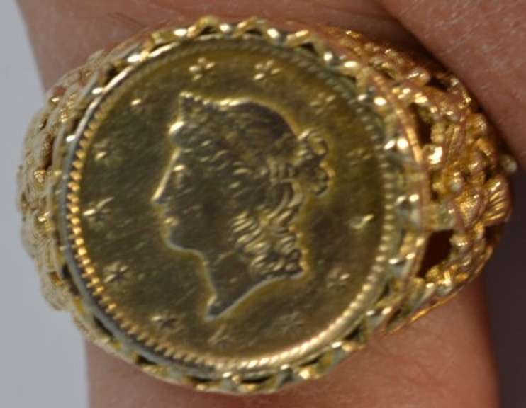 1853 Type One $1 Gold Piece in fancy antique 10k gold ring