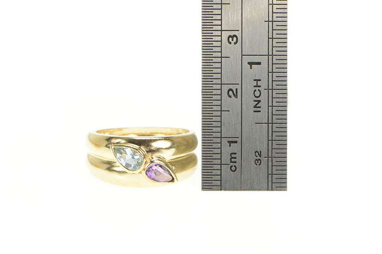 14K Yellow Gold Amethyst Blue Topaz Pear Graduated Statement Ring